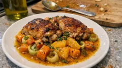 Hähnchen vom Blech mit Kürbis und Lauch – Orangen-Senf-Marinade macht’s so saftig