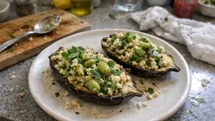 Gefüllte Auberginen aus dem Ofen – frischer Couscous mit Kräutern und Zitrone