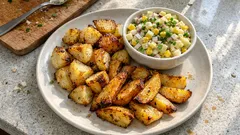 Knusprige Kohlrabi-Kartoffel-Ecken aus dem Ofen – dazu cremiger Maissalat mit Apfel