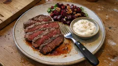 Rumpsteaks mit Steinpilzsalz – Rote-Bete-Walnuss-Salat & Meerrettichdip