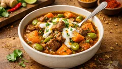 Indischer Lammtopf mit Süßkartoffel & Kürbis – mit frischer Joghurtsauce und Orange