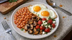 English Breakfast mal leichter: Spiegelei mit Ofenbohnen, Pilzen, Tomaten und Feta