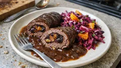 Rinderrouladen im Römertopf: mit Pflaumen-Maronen-Füllung und Rotkohlsalat