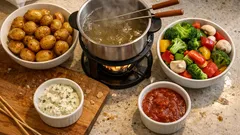 Kartoffel- und Gemüsefondue in Hühnerbrühe – gemütlich, leicht und gut vorzubereiten